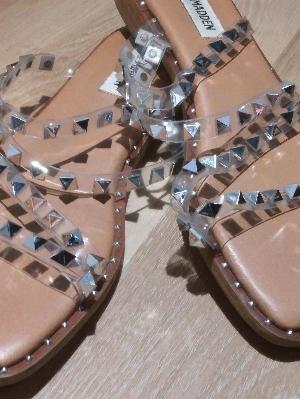 Steve Madden Clear Pyramid-Stud Strappy Sandals with Tan Footbed